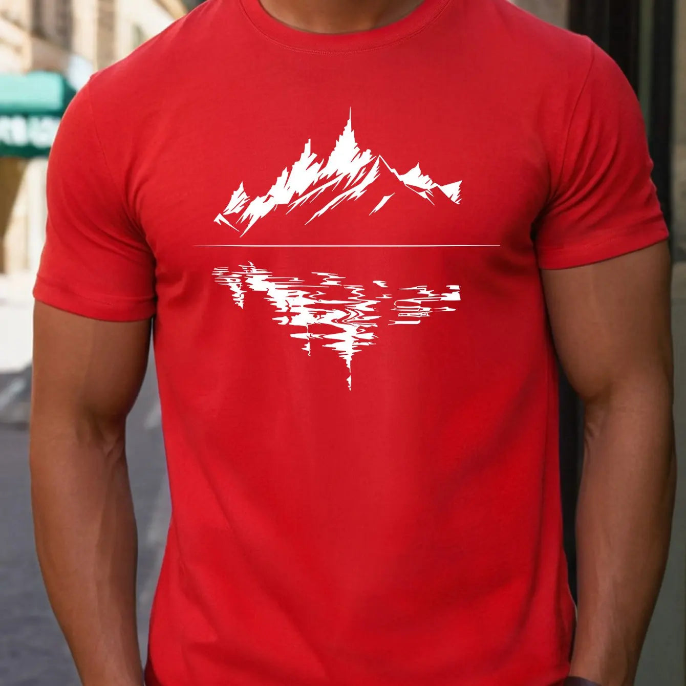 New Men's summer pure cotton fashionable casual loose fit plus mountain reflection printed round neck short sleeved T-shirt top | TINMICO