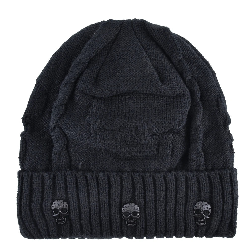 Skull Pattern Solid Color Hat With Metal Skulls Skullies Beanies Men's Knit Thick Hats, Winter Beanies Men Knitted TINMICO - TINMICO