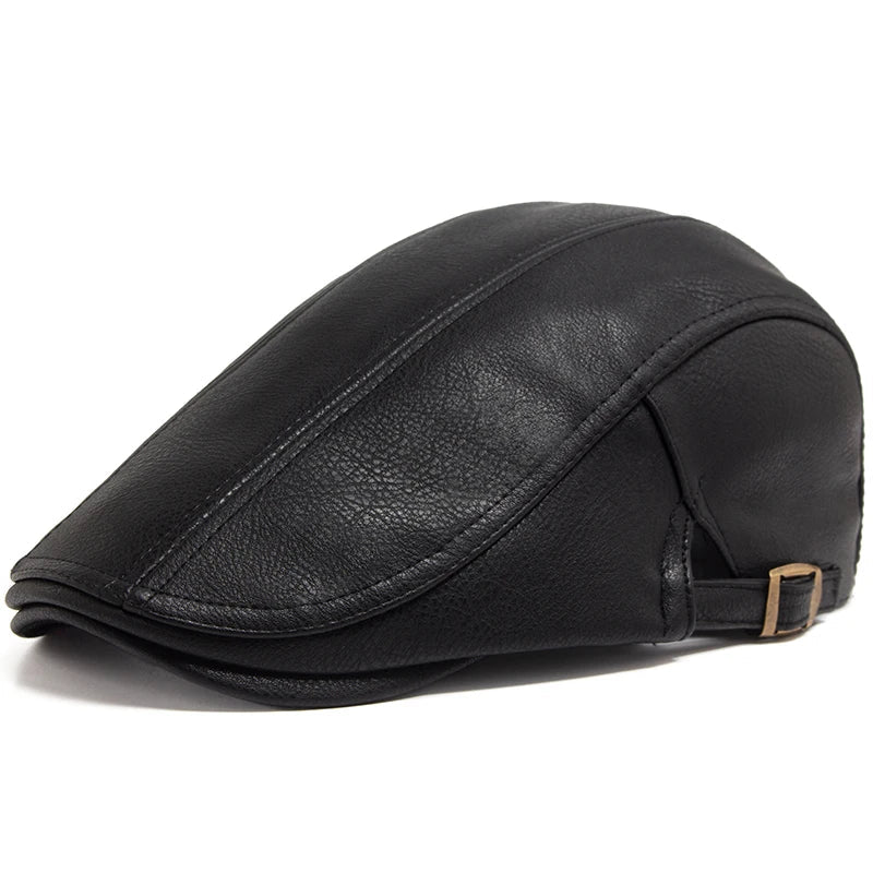 New Fashion Men PU Leather Beret Autumn Winter Visor Flat Cap Thicken Warm Hat Berets Vintage England Newsboy Caps | TINMICO - TINMICO