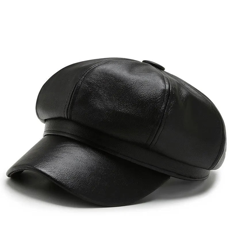 New Retro Fashion Women's Pu Leather Octagonal Hat Versatile Autumn And Winter Temperament Big Head Circumference Beret | TINMICO - TINMICO