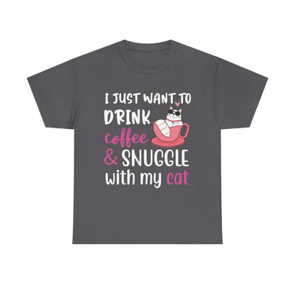 Coffee & Cat Unisex Heavy Cotton Tee, Cat Lover Gift, Coffee Enthusiast Apparel, Cute Pet Tee, Funny Animal T-Shirt, Unique Gift Idea - TINMICO