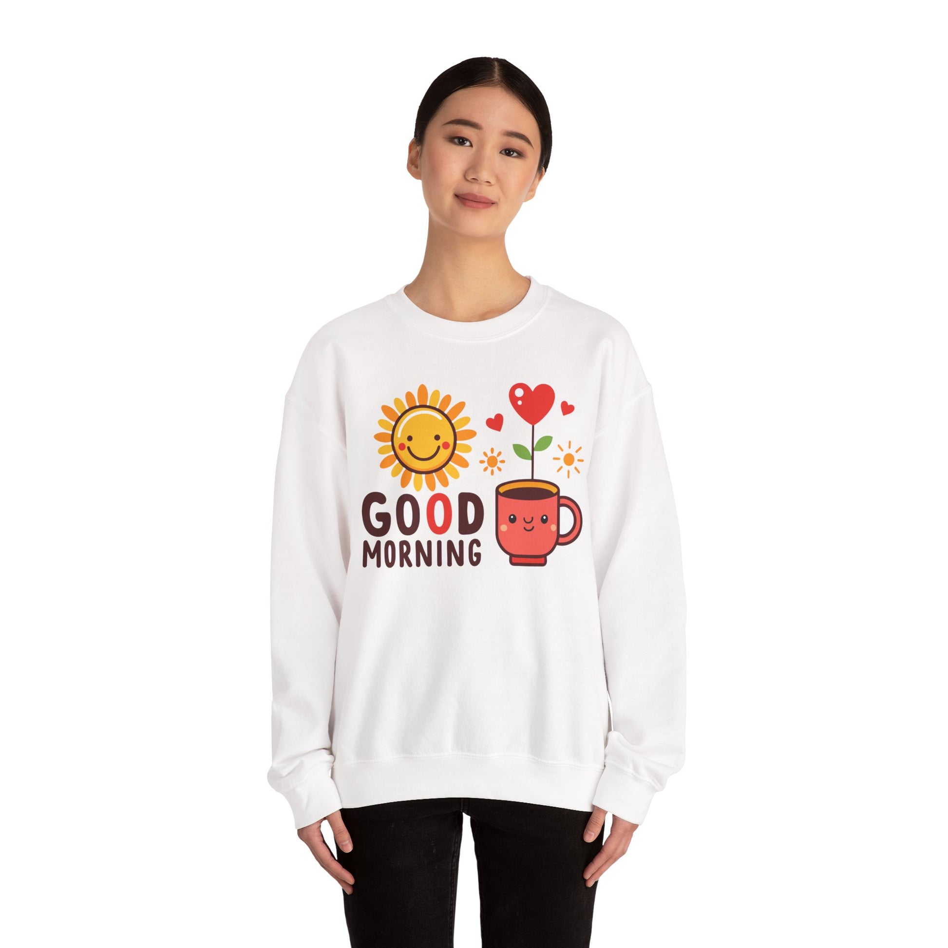 Good Morning Sun & Heart Sweatshirt, Cozy Gift for Friends, Cute Sweatshirt for Fall, Fun Layer for Coffee Lovers, Positive Vibes Apparel - TINMICO