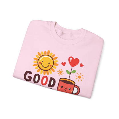 Good Morning Sun & Heart Sweatshirt, Cozy Gift for Friends, Cute Sweatshirt for Fall, Fun Layer for Coffee Lovers, Positive Vibes Apparel - TINMICO