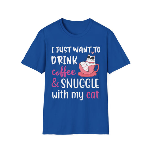 Cat Lover's Coffee & Snuggle T-Shirt, Funny Cat T-Shirt, Gift for Cat Owners, Cozy Tee, Pet Lover Apparel, Birthday Gift - TINMICO