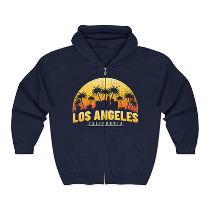 Los Angeles Sunset Zip Hoodie, California Graphic Sweatshirt, Unisex Hooded Jacket, Beach Vibes Apparel, Travel Souvenir Pullover - TINMICO