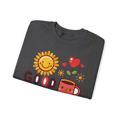 Good Morning Sun & Heart Sweatshirt, Cozy Gift for Friends, Cute Sweatshirt for Fall, Fun Layer for Coffee Lovers, Positive Vibes Apparel - TINMICO