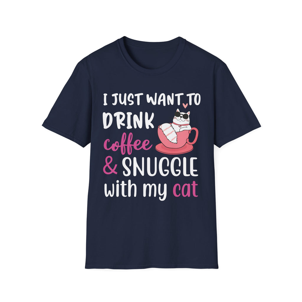 Cat Lover's Coffee & Snuggle T-Shirt, Funny Cat T-Shirt, Gift for Cat Owners, Cozy Tee, Pet Lover Apparel, Birthday Gift - TINMICO