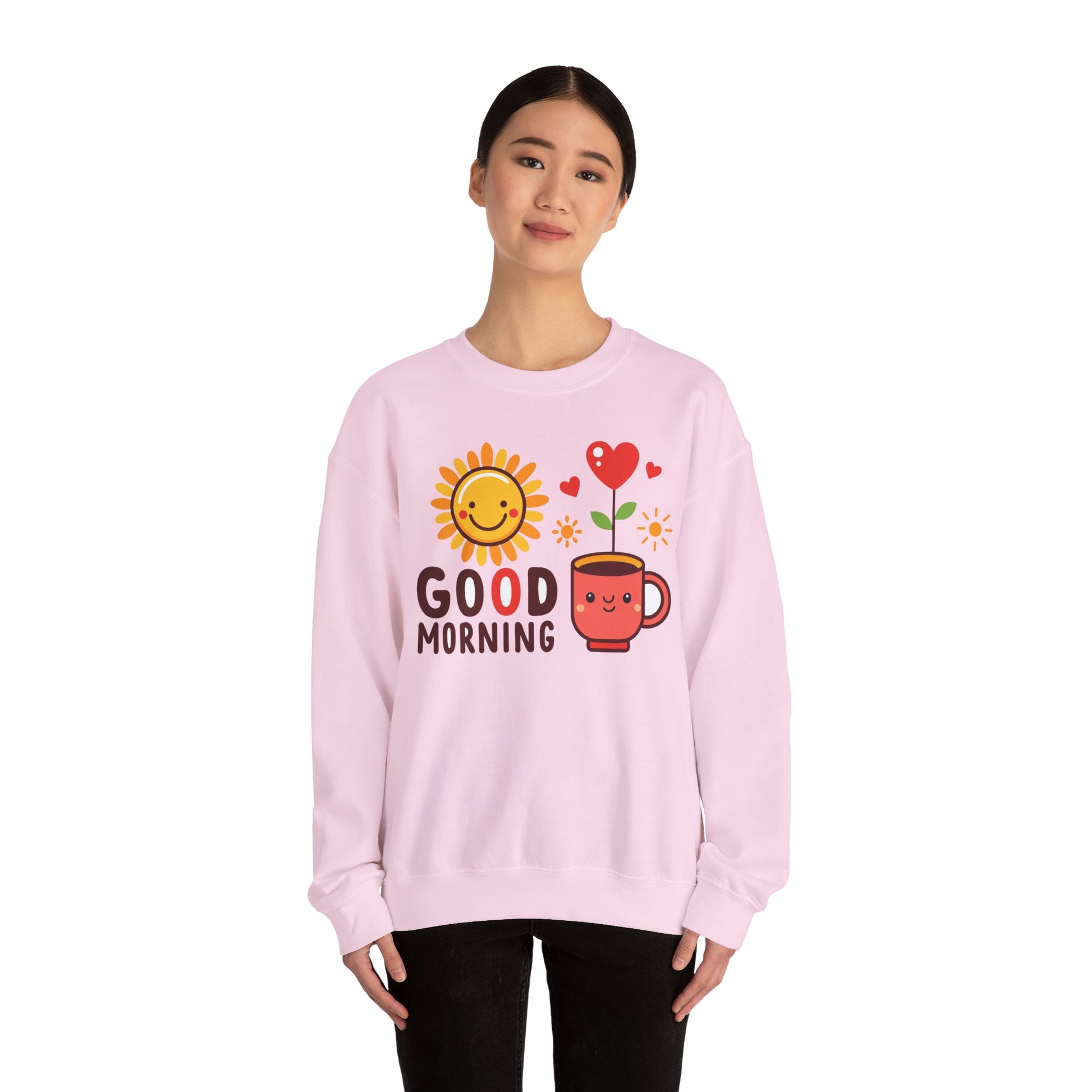 Good Morning Sun & Heart Sweatshirt, Cozy Gift for Friends, Cute Sweatshirt for Fall, Fun Layer for Coffee Lovers, Positive Vibes Apparel - TINMICO