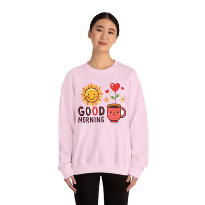 Good Morning Sun & Heart Sweatshirt, Cozy Gift for Friends, Cute Sweatshirt for Fall, Fun Layer for Coffee Lovers, Positive Vibes Apparel - TINMICO