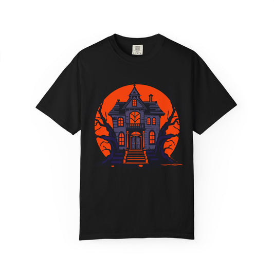 Spooky Haunted House T-Shirt, Halloween Tee, Unisex Halloween Apparel, Fall Fashion, Ghostly Graphic Shirt, Eerie T-Shirt - TINMICO