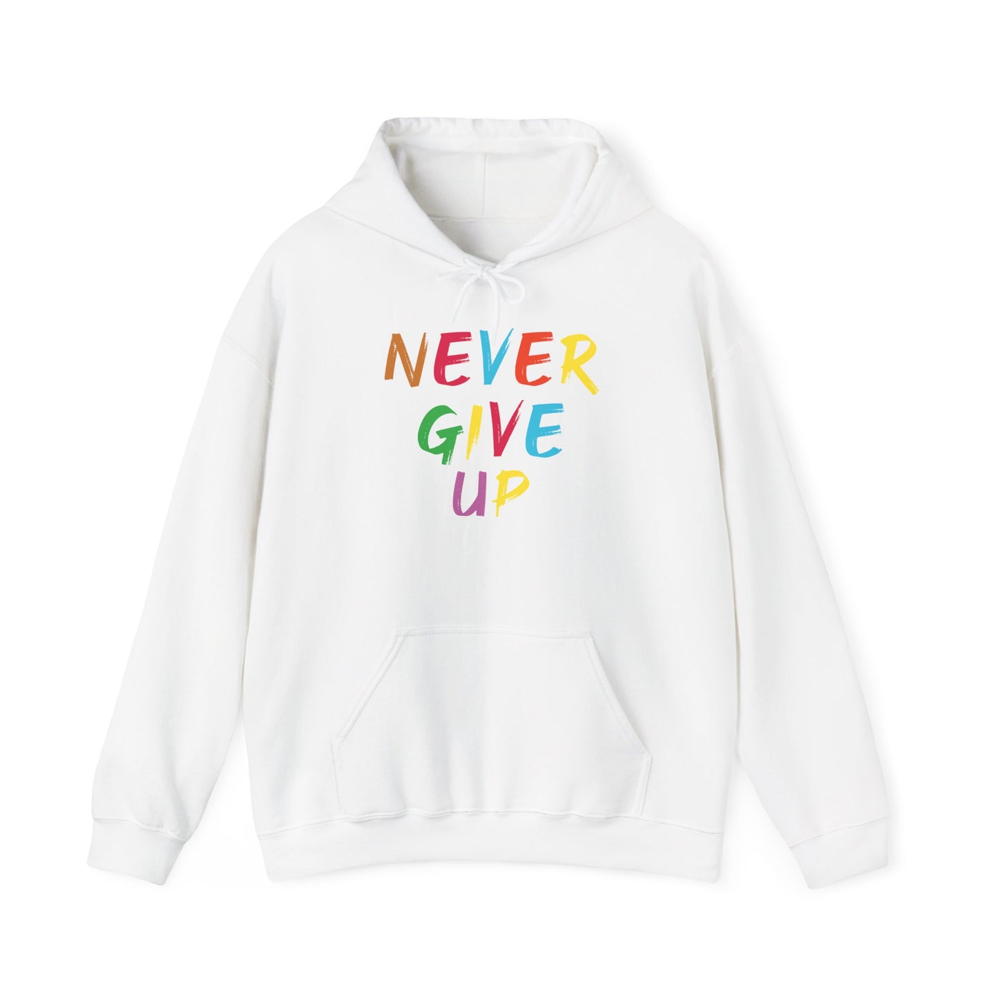 Colorful ‘Never Give Up’ Unisex Hooded Sweatshirt - Inspirational, Cozy, Everyday Wear, Perfect Gift for Motivation - TINMICO