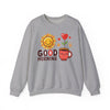 Good Morning Sun & Heart Sweatshirt, Cozy Gift for Friends, Cute Sweatshirt for Fall, Fun Layer for Coffee Lovers, Positive Vibes Apparel - TINMICO