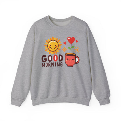 Good Morning Sun & Heart Sweatshirt, Cozy Gift for Friends, Cute Sweatshirt for Fall, Fun Layer for Coffee Lovers, Positive Vibes Apparel - TINMICO