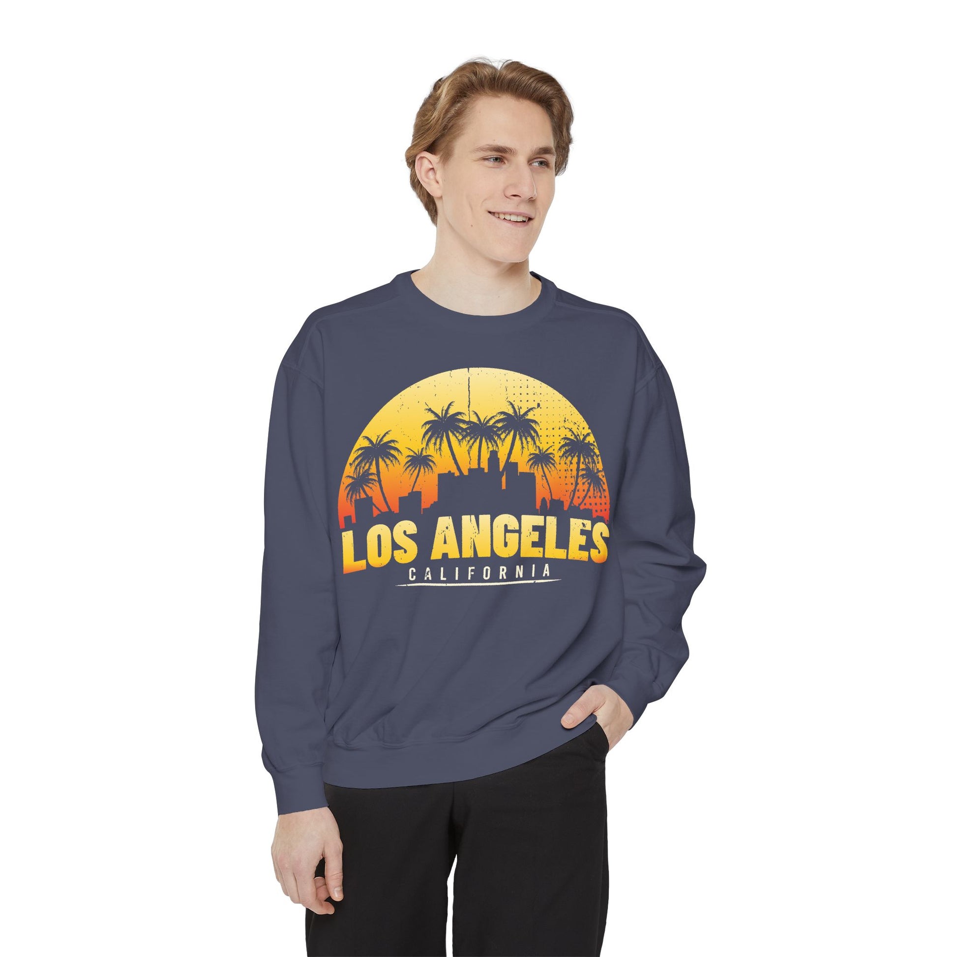 Los Angeles Sunset Sweatshirt - Vintage Unisex Garment-Dyed Pullover, California Apparel, Travel Souvenir, Cozy Gift, Streetwear Style - TINMICO