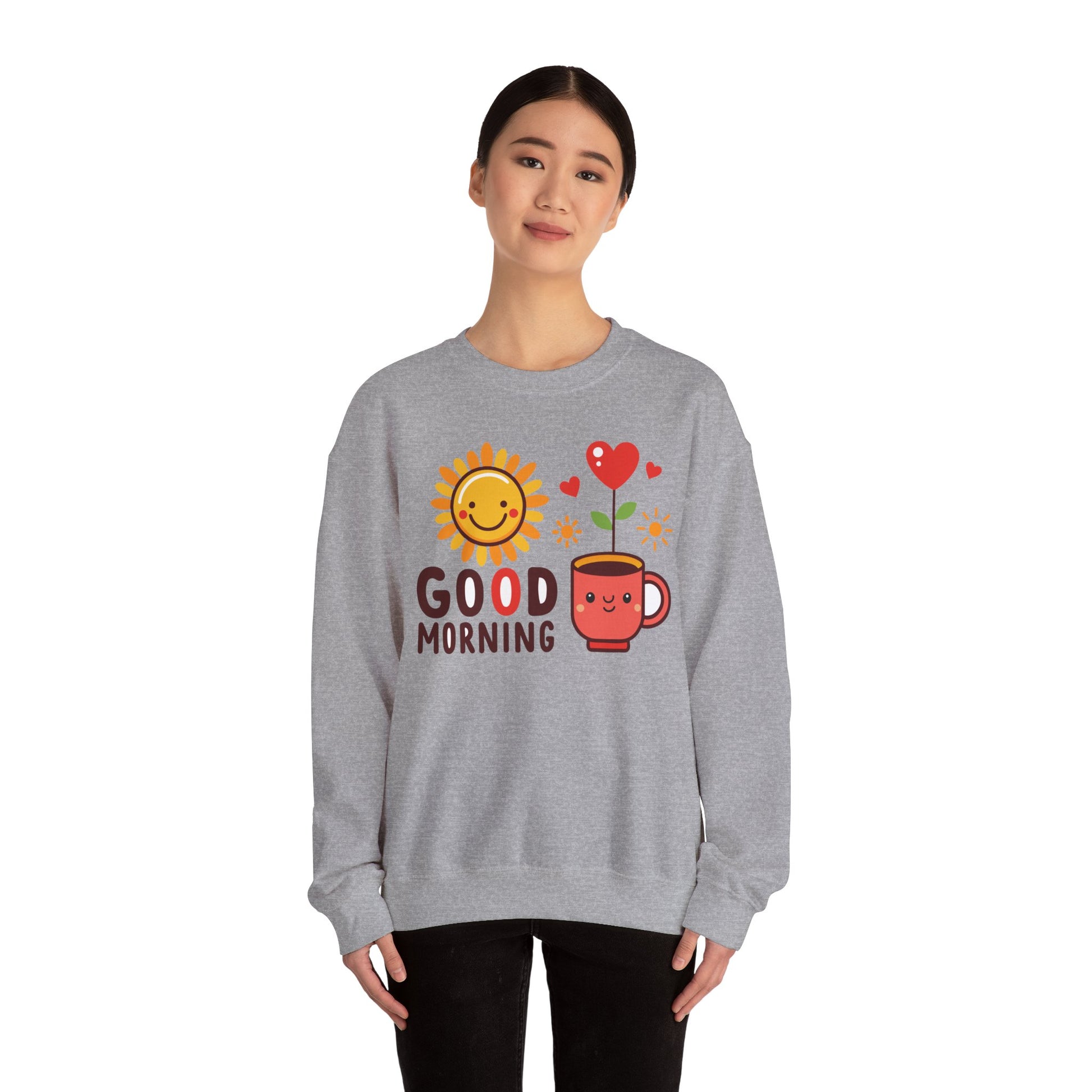 Good Morning Sun & Heart Sweatshirt, Cozy Gift for Friends, Cute Sweatshirt for Fall, Fun Layer for Coffee Lovers, Positive Vibes Apparel - TINMICO