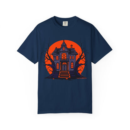 Spooky Haunted House T-Shirt, Halloween Tee, Unisex Halloween Apparel, Fall Fashion, Ghostly Graphic Shirt, Eerie T-Shirt - TINMICO
