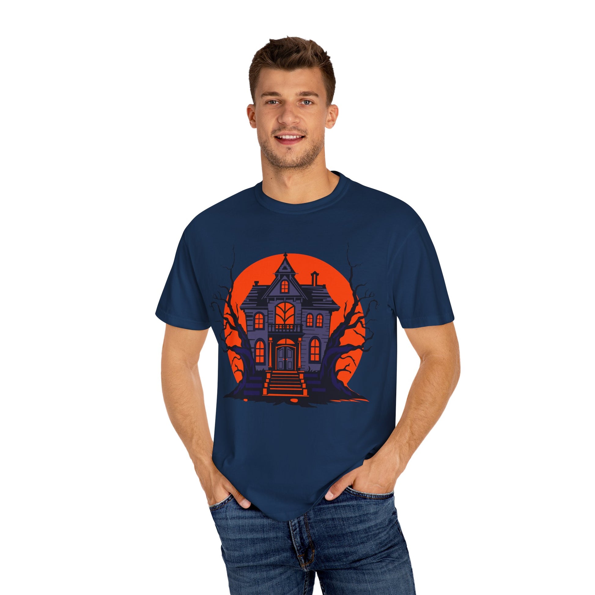 Spooky Haunted House T-Shirt, Halloween Tee, Unisex Halloween Apparel, Fall Fashion, Ghostly Graphic Shirt, Eerie T-Shirt - TINMICO