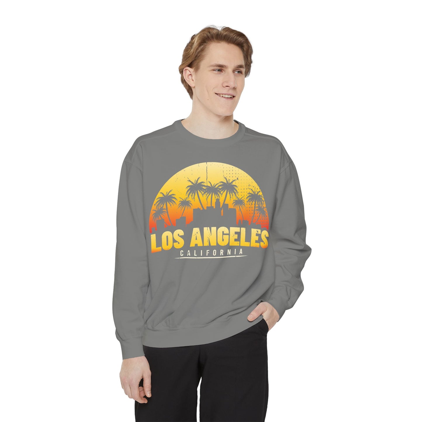Los Angeles Sunset Sweatshirt - Vintage Unisex Garment-Dyed Pullover, California Apparel, Travel Souvenir, Cozy Gift, Streetwear Style - TINMICO