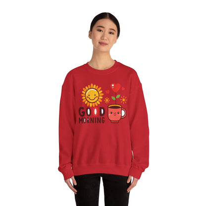 Good Morning Sun & Heart Sweatshirt, Cozy Gift for Friends, Cute Sweatshirt for Fall, Fun Layer for Coffee Lovers, Positive Vibes Apparel - TINMICO