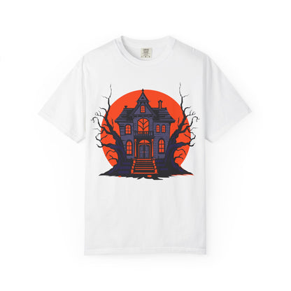 Spooky Haunted House T-Shirt, Halloween Tee, Unisex Halloween Apparel, Fall Fashion, Ghostly Graphic Shirt, Eerie T-Shirt - TINMICO