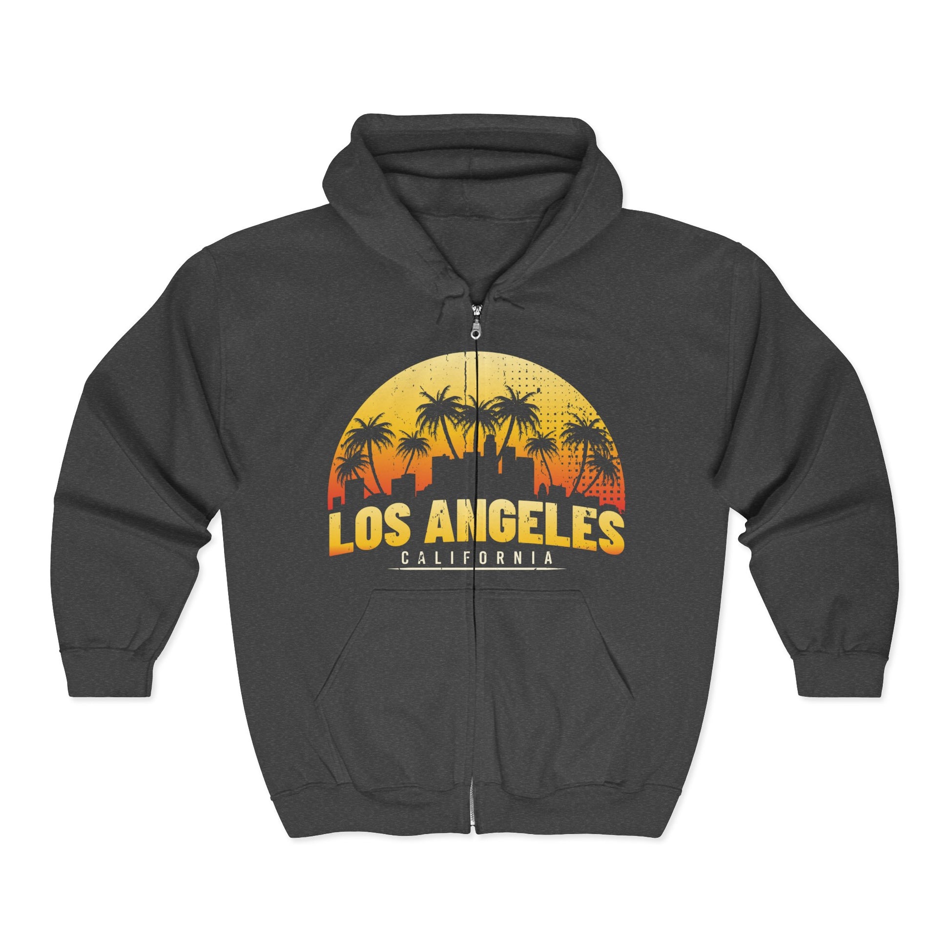 Los Angeles Sunset Zip Hoodie, California Graphic Sweatshirt, Unisex Hooded Jacket, Beach Vibes Apparel, Travel Souvenir Pullover - TINMICO