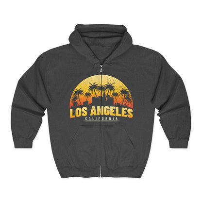Los Angeles Sunset Zip Hoodie, California Graphic Sweatshirt, Unisex Hooded Jacket, Beach Vibes Apparel, Travel Souvenir Pullover - TINMICO