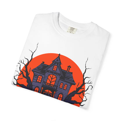 Spooky Haunted House T-Shirt, Halloween Tee, Unisex Halloween Apparel, Fall Fashion, Ghostly Graphic Shirt, Eerie T-Shirt - TINMICO
