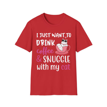Cat Lover's Coffee & Snuggle T-Shirt, Funny Cat T-Shirt, Gift for Cat Owners, Cozy Tee, Pet Lover Apparel, Birthday Gift - TINMICO