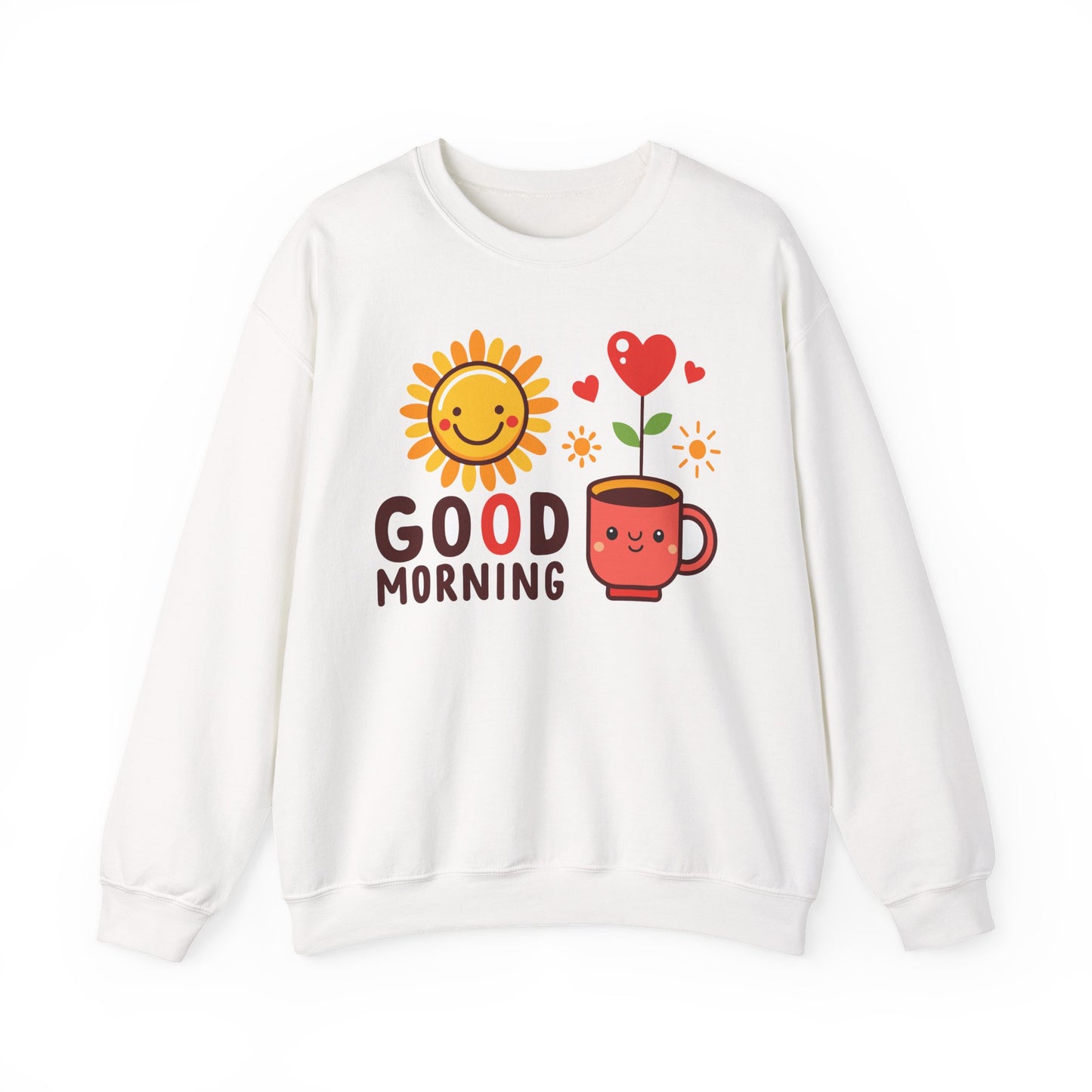Good Morning Sun & Heart Sweatshirt, Cozy Gift for Friends, Cute Sweatshirt for Fall, Fun Layer for Coffee Lovers, Positive Vibes Apparel - TINMICO