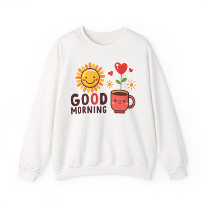 Good Morning Sun & Heart Sweatshirt, Cozy Gift for Friends, Cute Sweatshirt for Fall, Fun Layer for Coffee Lovers, Positive Vibes Apparel - TINMICO