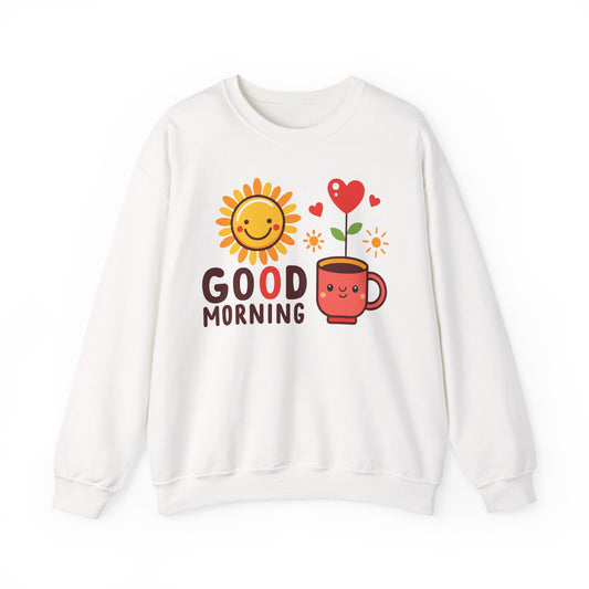 Good Morning Sun & Heart Sweatshirt, Cozy Gift for Friends, Cute Sweatshirt for Fall, Fun Layer for Coffee Lovers, Positive Vibes Apparel - TINMICO
