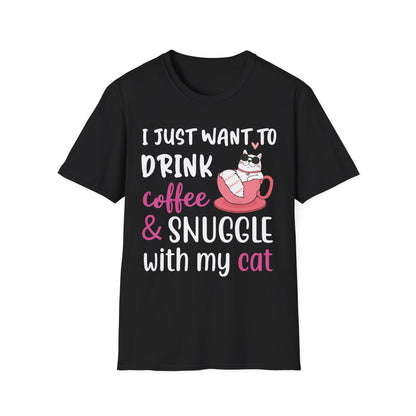 Cat Lover's Coffee & Snuggle T-Shirt, Funny Cat T-Shirt, Gift for Cat Owners, Cozy Tee, Pet Lover Apparel, Birthday Gift - TINMICO