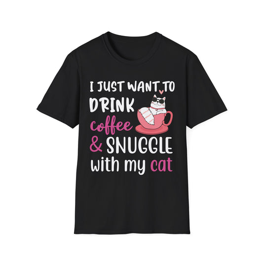 Cat Lover's Coffee & Snuggle T-Shirt, Funny Cat T-Shirt, Gift for Cat Owners, Cozy Tee, Pet Lover Apparel, Birthday Gift - TINMICO