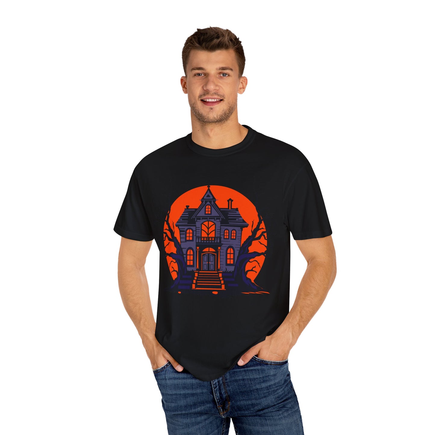 Spooky Haunted House T-Shirt, Halloween Tee, Unisex Halloween Apparel, Fall Fashion, Ghostly Graphic Shirt, Eerie T-Shirt - TINMICO