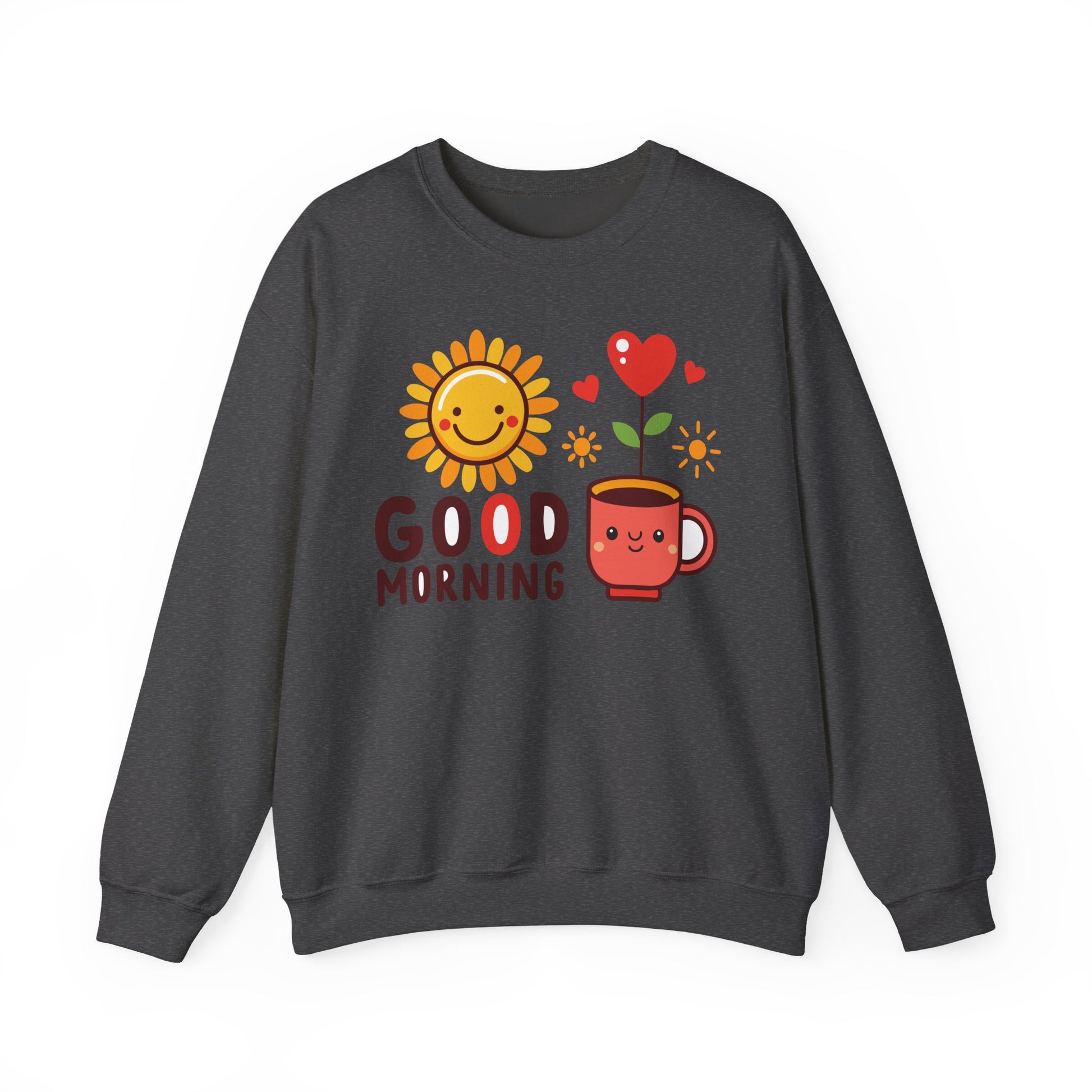 Good Morning Sun & Heart Sweatshirt, Cozy Gift for Friends, Cute Sweatshirt for Fall, Fun Layer for Coffee Lovers, Positive Vibes Apparel - TINMICO