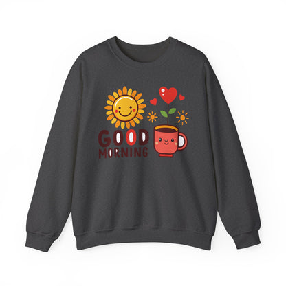 Good Morning Sun & Heart Sweatshirt, Cozy Gift for Friends, Cute Sweatshirt for Fall, Fun Layer for Coffee Lovers, Positive Vibes Apparel - TINMICO