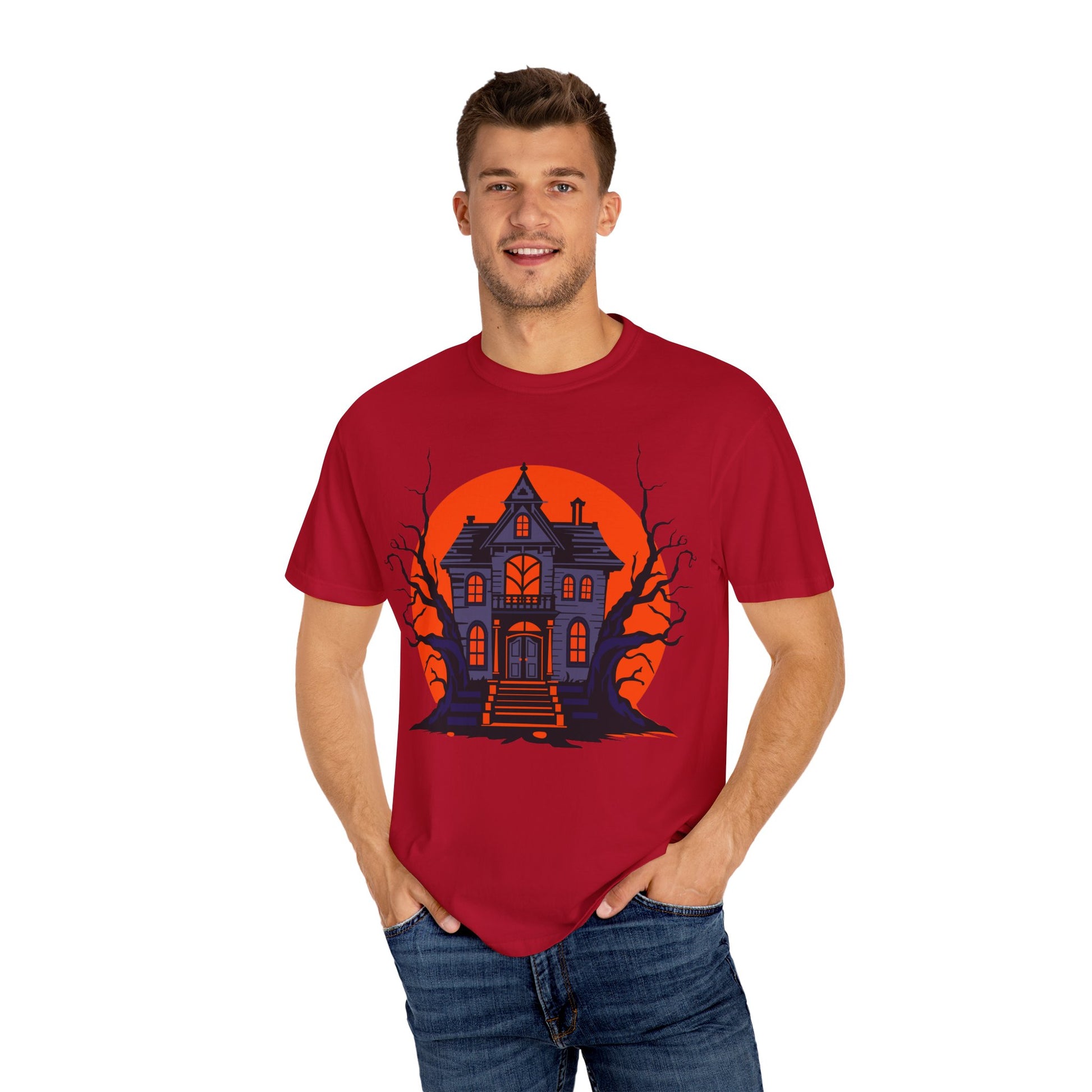 Spooky Haunted House T-Shirt, Halloween Tee, Unisex Halloween Apparel, Fall Fashion, Ghostly Graphic Shirt, Eerie T-Shirt - TINMICO