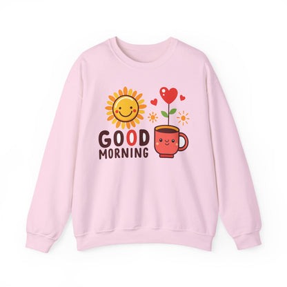 Good Morning Sun & Heart Sweatshirt, Cozy Gift for Friends, Cute Sweatshirt for Fall, Fun Layer for Coffee Lovers, Positive Vibes Apparel - TINMICO