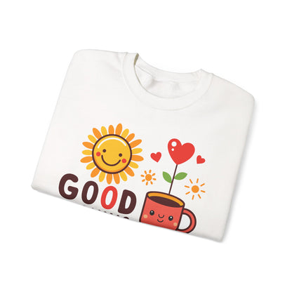 Good Morning Sun & Heart Sweatshirt, Cozy Gift for Friends, Cute Sweatshirt for Fall, Fun Layer for Coffee Lovers, Positive Vibes Apparel - TINMICO