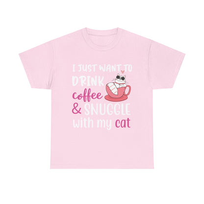 Coffee & Cat Unisex Heavy Cotton Tee, Cat Lover Gift, Coffee Enthusiast Apparel, Cute Pet Tee, Funny Animal T-Shirt, Unique Gift Idea - TINMICO