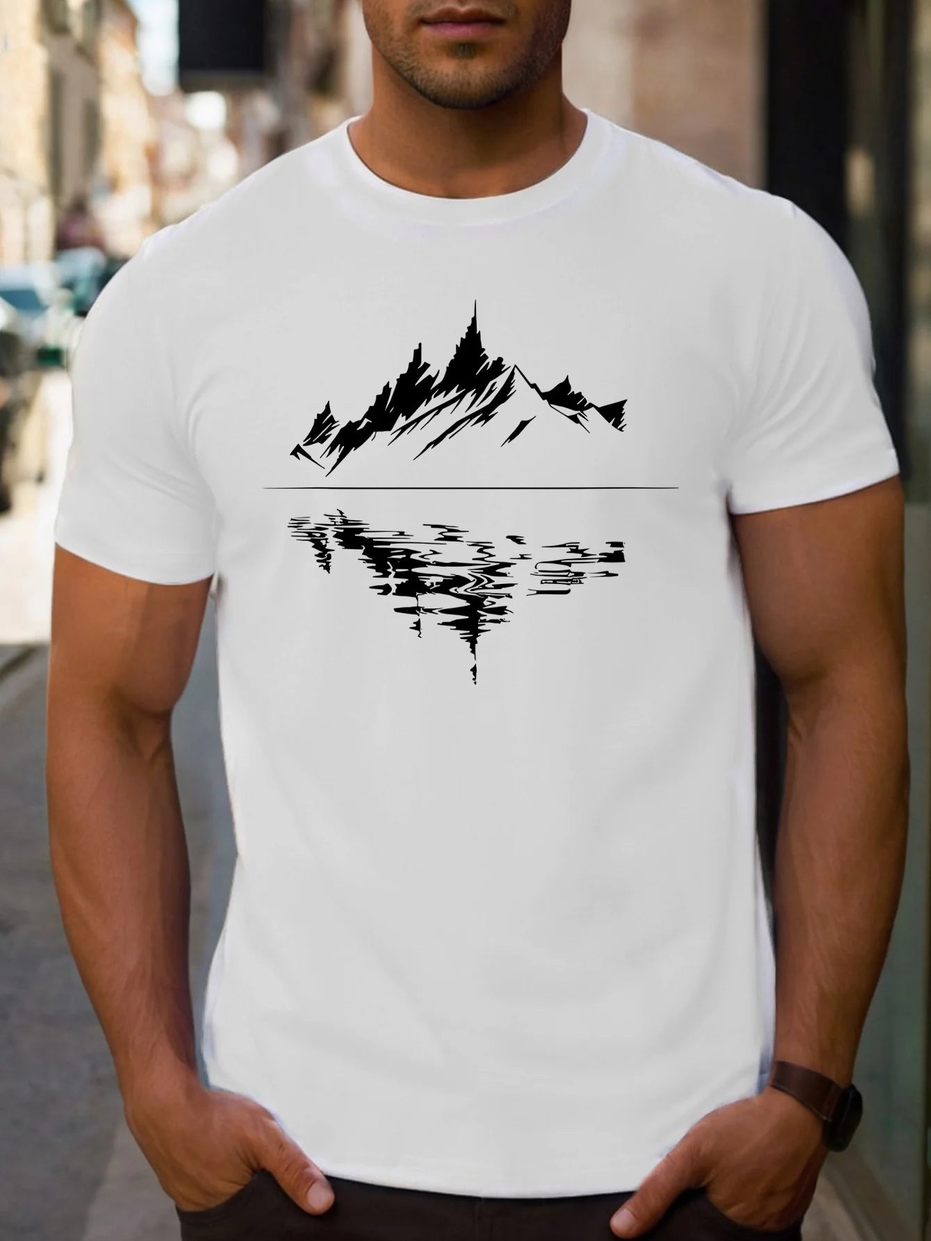 New Men's summer pure cotton fashionable casual loose fit plus mountain reflection printed round neck short sleeved T-shirt top | TINMICO