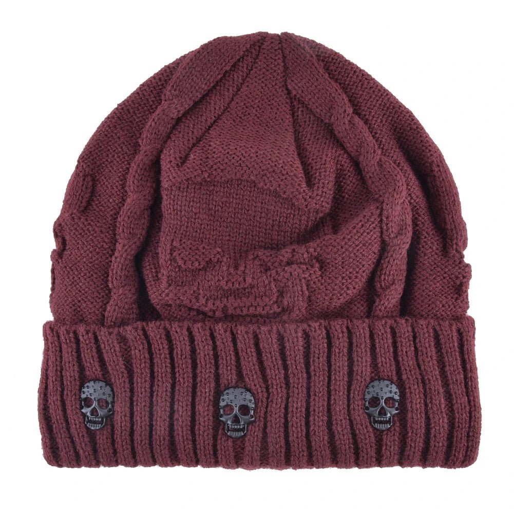 Skull Pattern Solid Color Hat With Metal Skulls Skullies Beanies Men's Knit Thick Hats, Winter Beanies Men Knitted TINMICO - TINMICO
