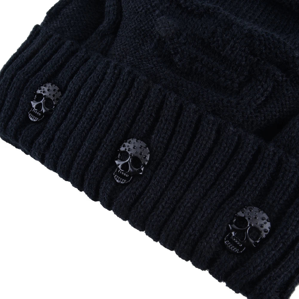 Skull Pattern Solid Color Hat With Metal Skulls Skullies Beanies Men's Knit Thick Hats, Winter Beanies Men Knitted TINMICO - TINMICO