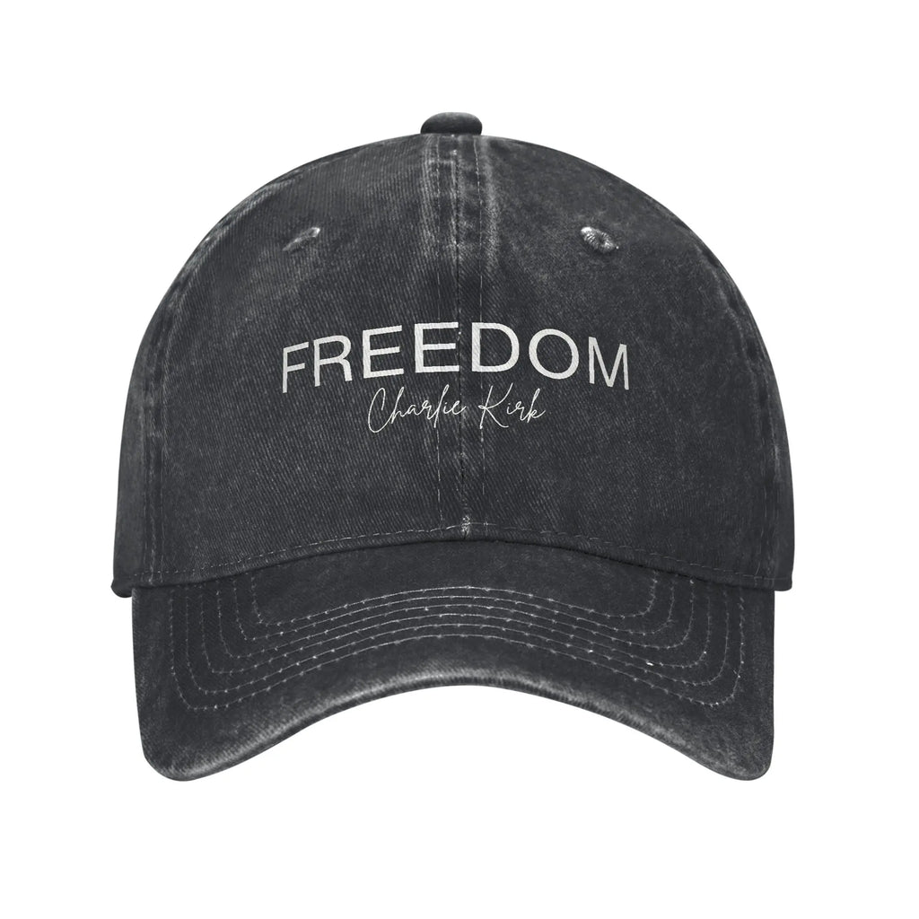 Charlie Kirk  Freedom RIP Baseball Cap is a distressed denim washed sun cap, Hat Freedom  | TMC - TINMICO