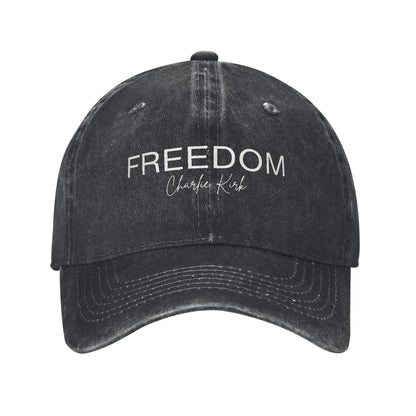 Charlie Kirk  Freedom RIP Baseball Cap is a distressed denim washed sun cap, Hat Freedom  | TMC - TINMICO