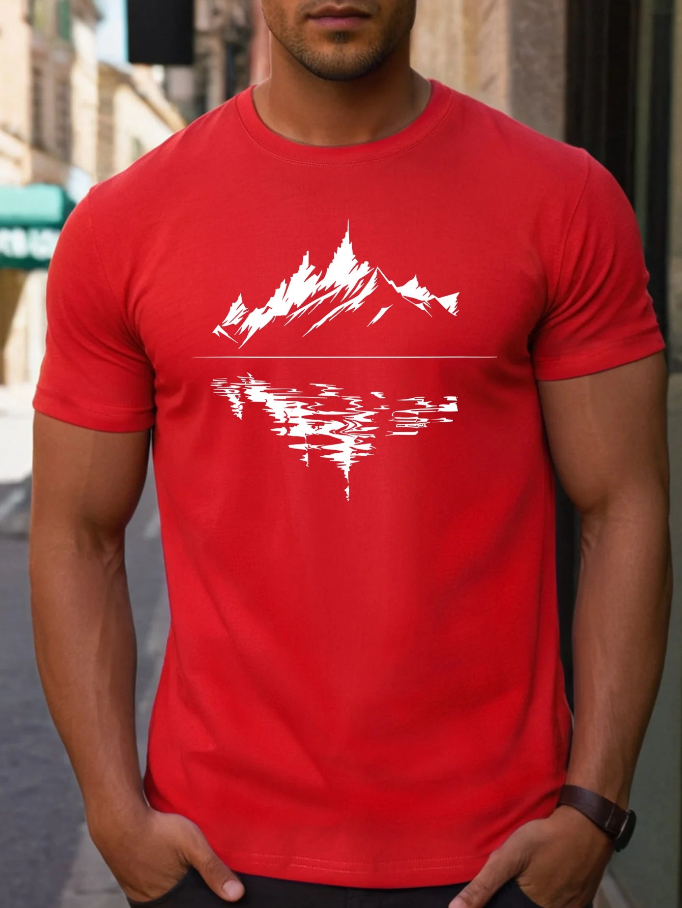 New Men's summer pure cotton fashionable casual loose fit plus mountain reflection printed round neck short sleeved T-shirt top | TINMICO