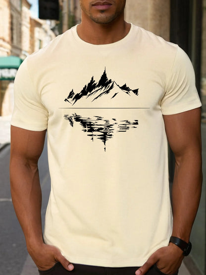 New Men's summer pure cotton fashionable casual loose fit plus mountain reflection printed round neck short sleeved T-shirt top | TINMICO