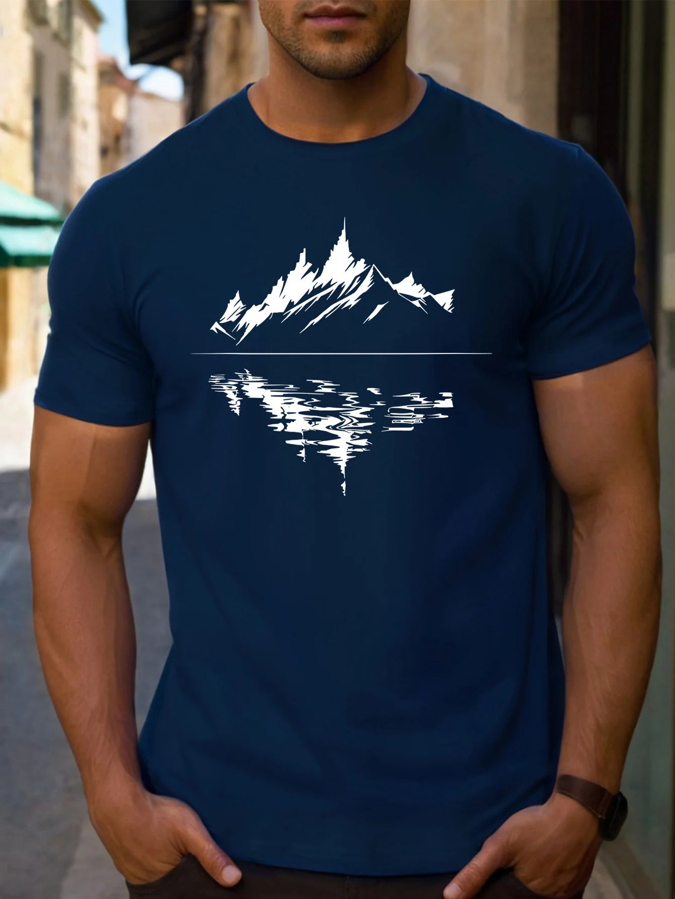 New Men's summer pure cotton fashionable casual loose fit plus mountain reflection printed round neck short sleeved T-shirt top | TINMICO