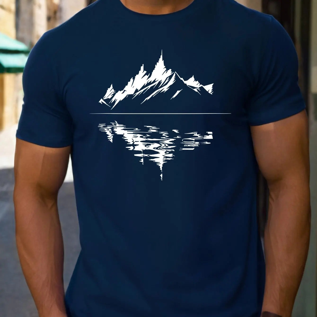 New Men's summer pure cotton fashionable casual loose fit plus mountain reflection printed round neck short sleeved T-shirt top | TINMICO