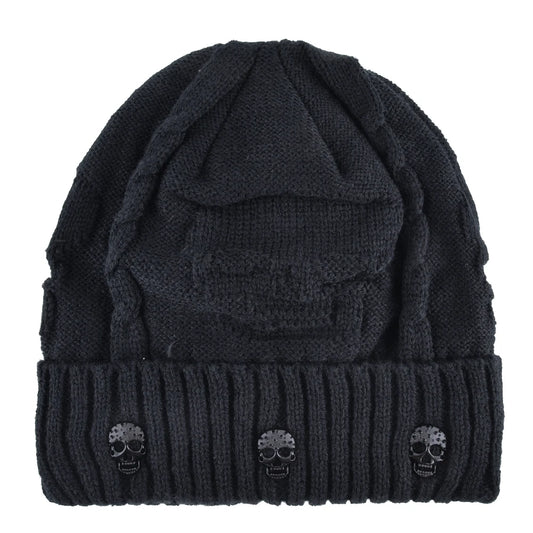Skull Pattern Solid Color Hat With Metal Skulls Skullies Beanies Men's Knit Thick Hats, Winter Beanies Men Knitted TINMICO - TINMICO